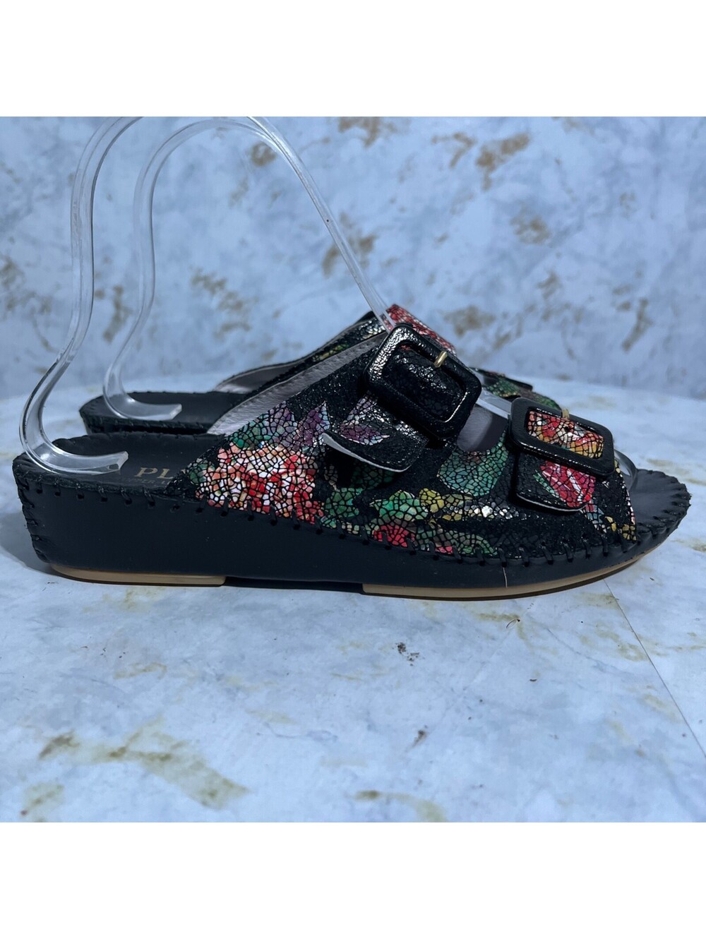 La Plume 36 Womens Size 6M Shoes Black Floral Slides Comfort Wedge Italy Sandals